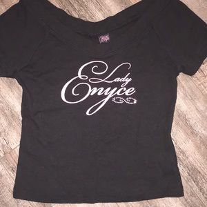 Lady Enyce cropped wide v-neck t shirt.